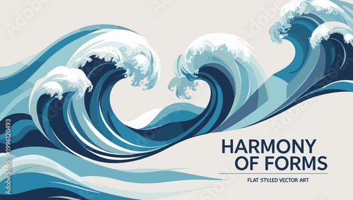 Stylized ocean waves in blue tones with harmonious forms and flat vector art background