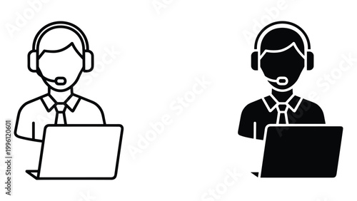 Two customer service representatives wearing headsets and working on laptops