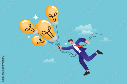 Ambitious entrepreneur soaring high in the sky powered by a bunch of glowing light bulbs symbolizing visionary ideas breakthrough solutions and rapid career advancement