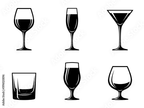 Professional Glassware Silhouette Icons Set Including Wine, Champagne, Cocktail, Whiskey, Beer and Cognac Glasses Isolated on White Background Vector