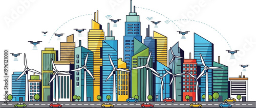 A futuristic cityscape integrates renewable energy and advanced aerial transportation