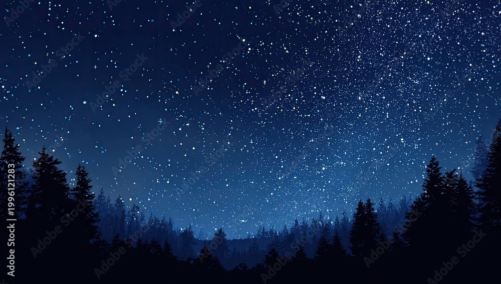 Fototapeta premium Vast Starry Night Sky Over Dark Forest Silhouette.