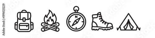 Vector icons of outdoor hiking equipment in a clean bold outline style: a campfire with logs, a trekking boot, a compass, a dome tent, and a travel backpack.