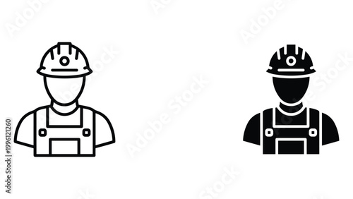 Two construction workers wearing hard hats and overalls in black and white