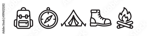 Vector icons of outdoor hiking equipment in a clean bold outline style: a campfire with logs, a trekking boot, a compass, a dome tent, and a travel backpack.
