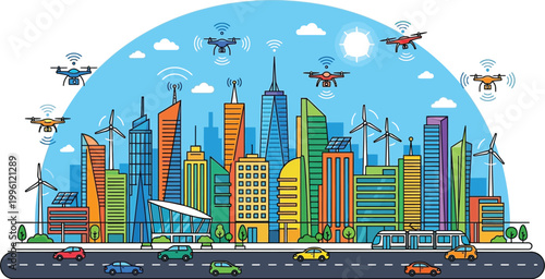 Futuristic cityscape with drones wind turbines and modern transportation
