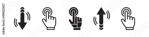 Vector icons of touch screen gestures including scrolling, tapping, clicking, and swiping in clean line and solid silhouette styles. Ideal for UI/UX mobile app guides.