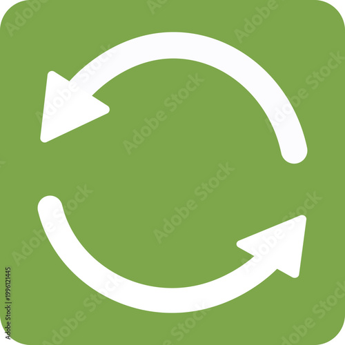 White circular arrows icon for refresh or repeat on a green square background with circular synchronize direction rotation background illustration interface circularity