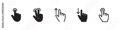 Vector icons of touch screen gestures including scrolling, tapping, clicking, and swiping in clean line and solid silhouette styles. Ideal for UI/UX mobile app guides.