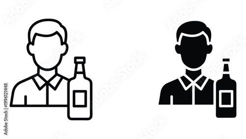 A simple black and white illustration of two men with bottles of alcohol