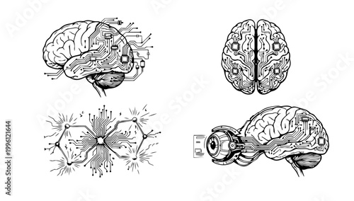 Human Brain Artificial Intelligence Concept Displaying Neural Network and Cybernetic Cyborg Technology in Doodle Line Art