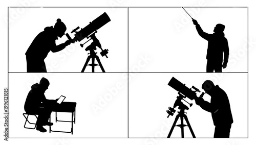 Astronomer Silhouette Sequence Displaying Stargazing Through Telescope and Pointing at Night Sky for Educational Design