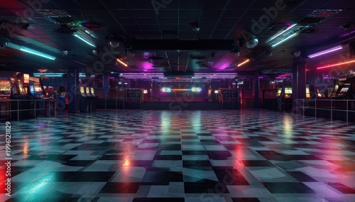 Retro Arcade Dance Floor with Neon Lights and Checkerboard Pattern.