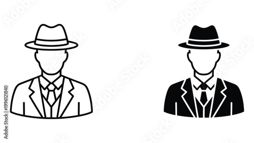 Two simple line drawings of men wearing hats and suits on a white background