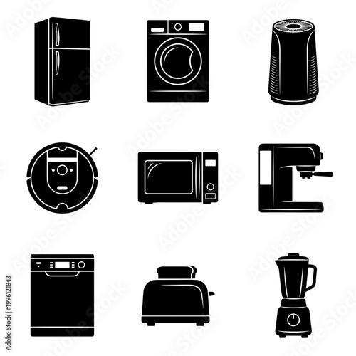Home Appliances Icon Set with Refrigerator Washing Machine Air Purifier Robot Vacuum Microwave Coffee Maker Dishwasher Toaster and Blender Vector
