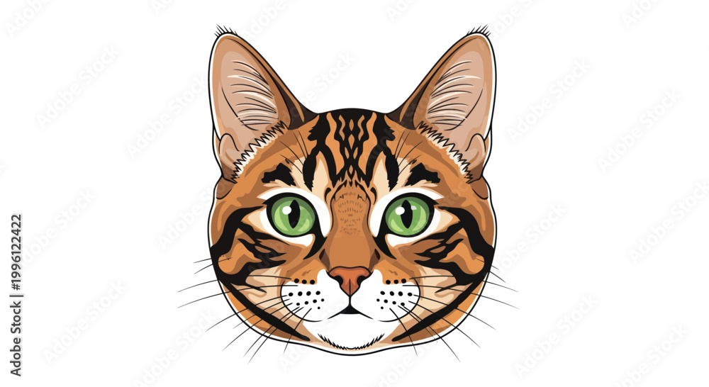 Obraz premium Bengal Cat Face Portrait, Wild Animal, Domestic Pet, Green Eyes, Striped Fur