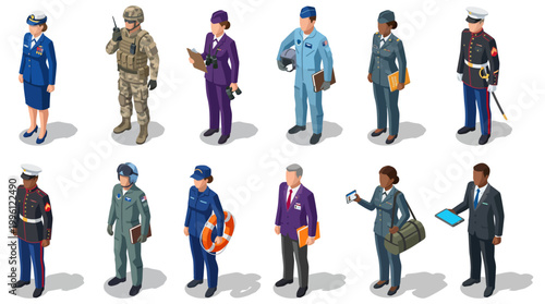 Set of isometric military and veteran personnel | Collection of soldiers, officers, and security staff | Professional government and defense characters