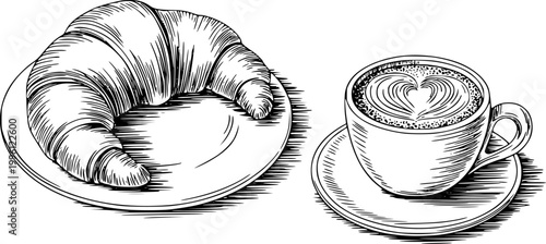 Hand-drawn croissant plate and coffee cup with heart latte isolated white