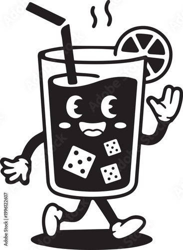 Cute Cold Drink Cartoon Character, Iced Beverage Mascot with Dice Vector Illustration.