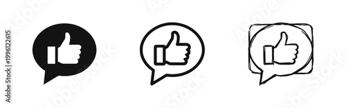 Like Thumbs Up Speech Bubble Icon Set - Solid, Outline, and Hand-Drawn Styles