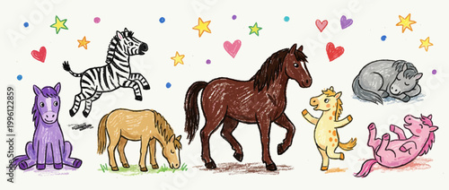 Cute horse kids pony and zebra print set, hand drawn childish cartoon naive equine illustration. Wax crayon scribble funny animal, kindergarten nursery playful decor. Cute colorful equestrian characte