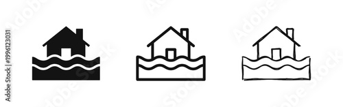 Flooded House Natural Disaster Icon Set - Solid, Outline, and Hand-Drawn Styles
