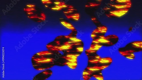 Vibrant abstract art featuring glowing orange and yellow lava-like blobs against a deep blue cosmic background. Dynamic and energetic visuals.