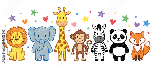 Cute zoo kids safari animals print set, hand drawn childish cartoon naive wildlife illustration. Wax crayon scribble funny animal, kindergarten nursery playful decor. Cute colorful jungle character
