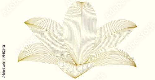 A sophisticated golden flower illustration created with fine curved lines, resembling a lily or lotus. Elegant design element isolated on white.
