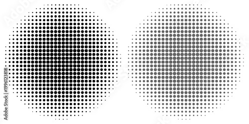Set of halftone dots gradient pattern texture isolated on white background. Straight dotted spots using halftone circle dot raster texture.
