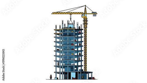 Skyscraper Building Under Construction with Tower Crane. Architectural development, structural engineering, and urban growth illustration on white background.