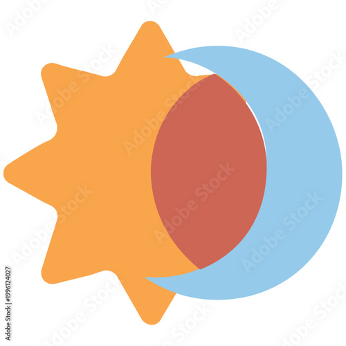 Mystical Sun and Moon Vector Graphic with Stars on Dark Background. An abstract celestial vector graphic depicting the sun and moon together, surrounded by stars. Elegant flat design