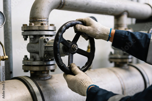 Принти на полотні Worker's gloved hands turn a large valve on industrial pipes, controlling fluid