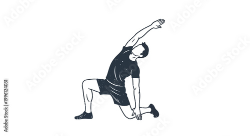 Man doing a deep lunge stretch, reaching arm up, fitness exercise.