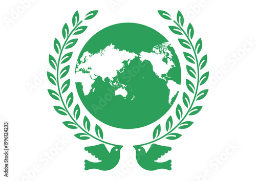 平和の鳩と葉と世界地図(日本中心)のアイコン