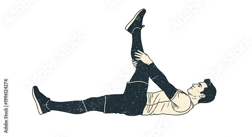 Man stretching hamstring while lying down, athletic fitness illustration