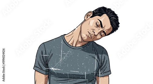 Man with closed eyes, neck tilted, feeling tired or stressed, with graphic elements