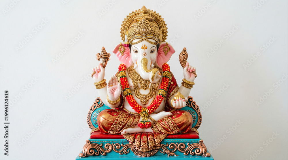 Fototapeta premium Golden Hindu Ganesha statue in meditative pose on white background