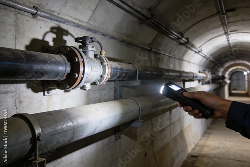 Foto Hand holding flashlight inspecting large industrial pipes in a dark concrete tun