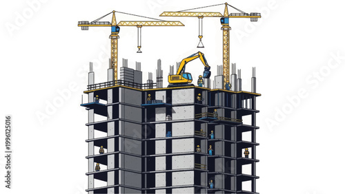 High-rise building construction site illustration with tower cranes, concrete structure, and construction machinery on white background.