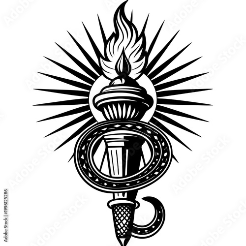 Vintage black and white illustration of a torch with flame, sunburst, and horseshoe, symbolizing freedom, hope, and good luck