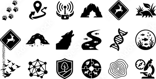 18 Black and White Rewilding Ecosystem Restoration Vector Icons Flat Line Art
