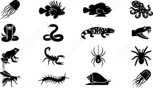 16 Black and White Animal Venom Toxin Vector Icons Flat Line Art Set
