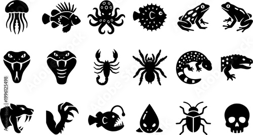 18 Black and White Animal Venom Toxin Vector Icons Flat Line Art Set
