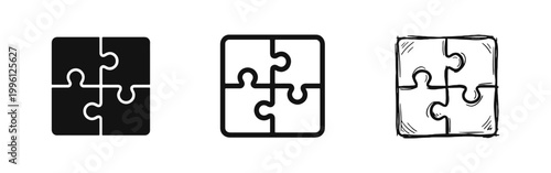 Jigsaw Puzzle Pieces Icon Set Representing Teamwork and Solution