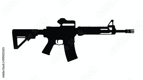 A black silhouette of a modern assault rifle on a white background