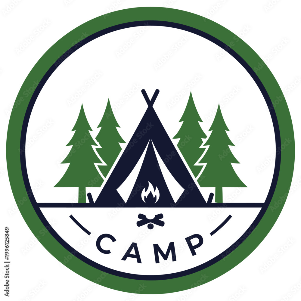 Obraz premium A nature-inspired camping logo with tent and trees in a green circular frame. Ideal for outdoor brands, travel blogs, and adventure themes that highlight exploration and connection with nature.