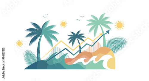A cheerful and vibrant graphic evoking sunshine and relaxation. Ideal for marketing materials, travel promotions, or adding a touch of warmth to any d