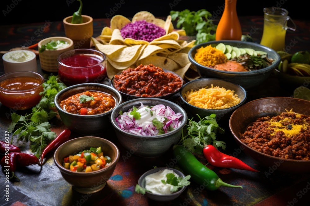 Fototapeta premium Assortment of fresh mexican food and ingredients served on a vibrant table for a sharing meal