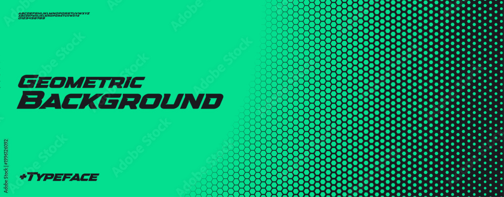 Fototapeta premium Hexagonal honeycomb green neon gradient, tech halftone background with bold sharp dynamic font for sport, race, technology. Perfect for banner, website, poster, branding, ads. Vector illustration
